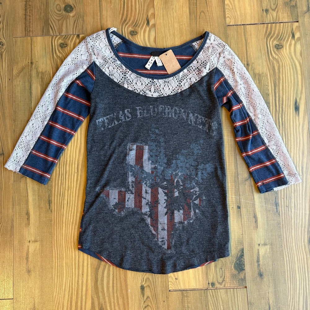 Free People Texas Striped/Lace Raglan Top Sz XS